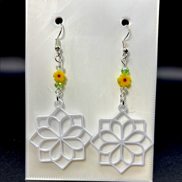 Silver Geometric Earrings with Yellow Flower Accents - Picture 5 of 6